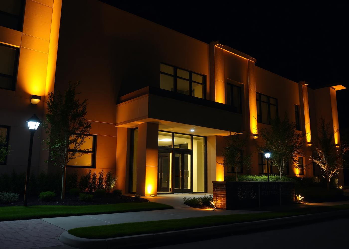Outdoor architectural lighting highlighting a modern building at night