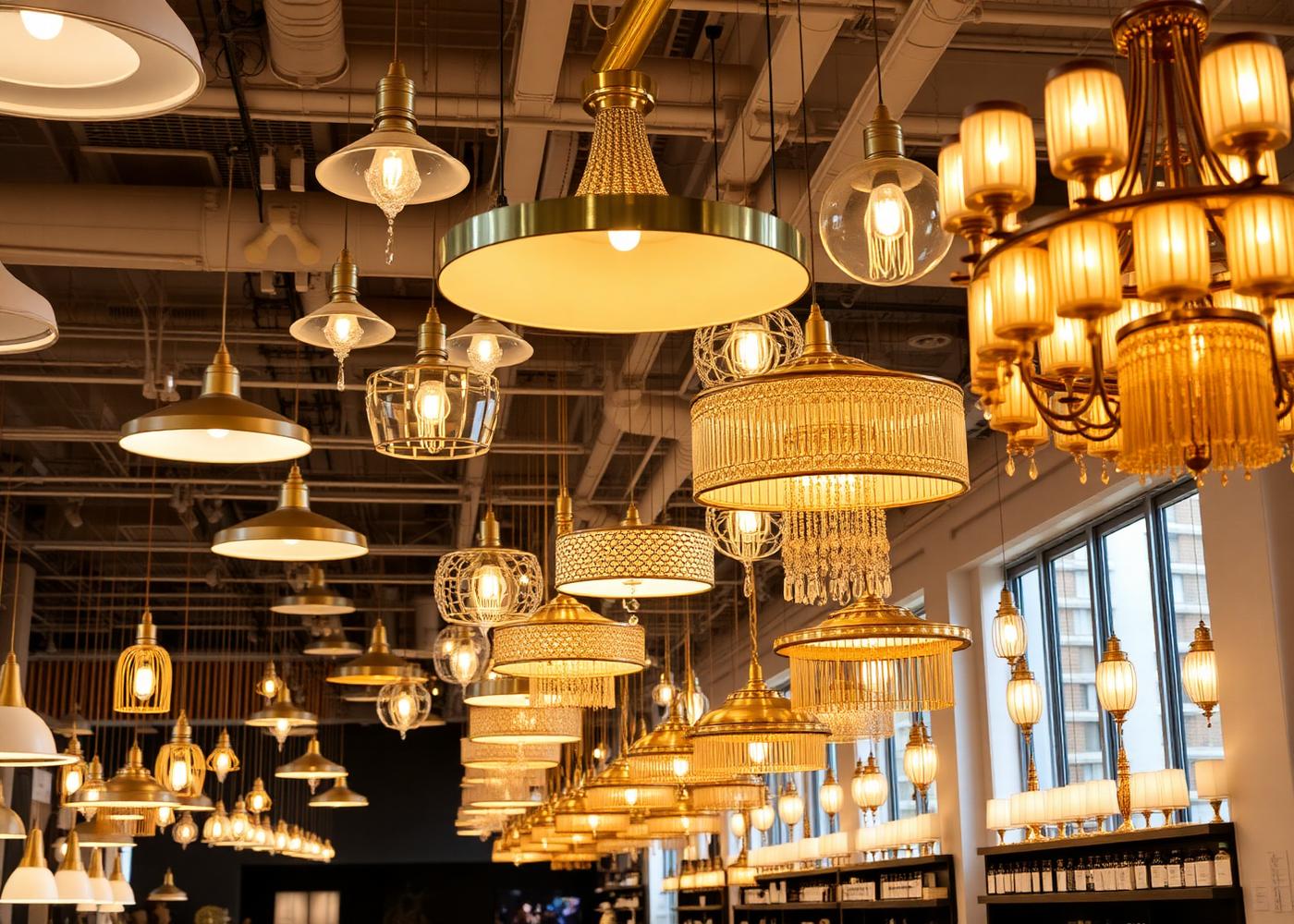 Professional lighting showroom displaying chandeliers and pendant fixtures